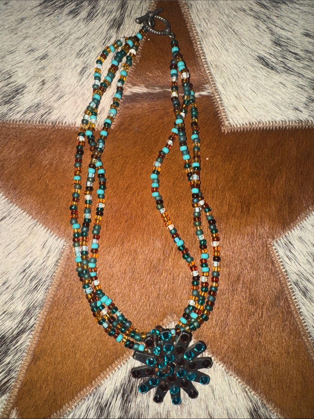 Multistrand Turquoise & Amber Beaded Necklace with Teal Pendant western